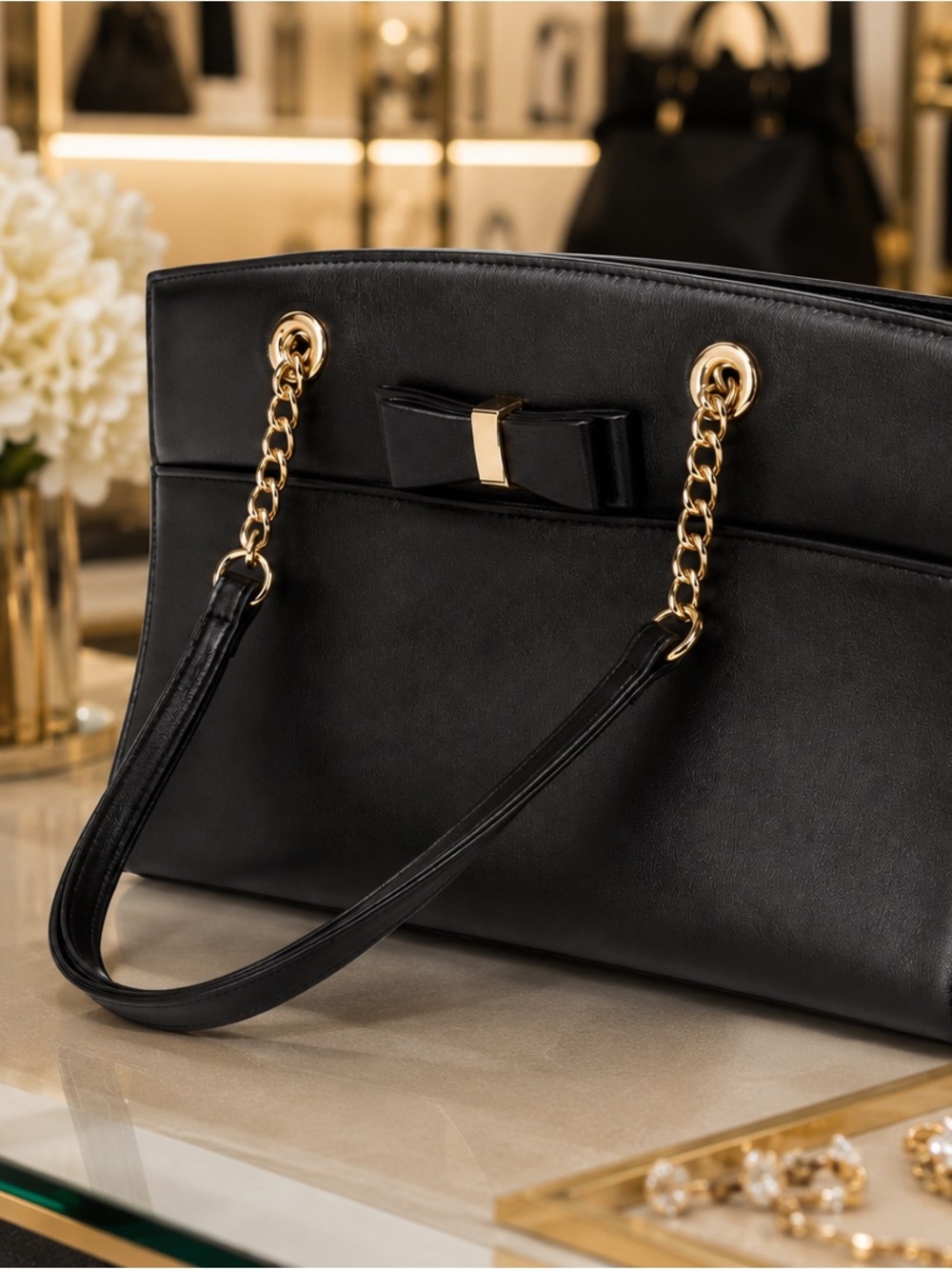 Mystique Black Vintage Shoulder Bag with Bow Gold Hardware 1990s